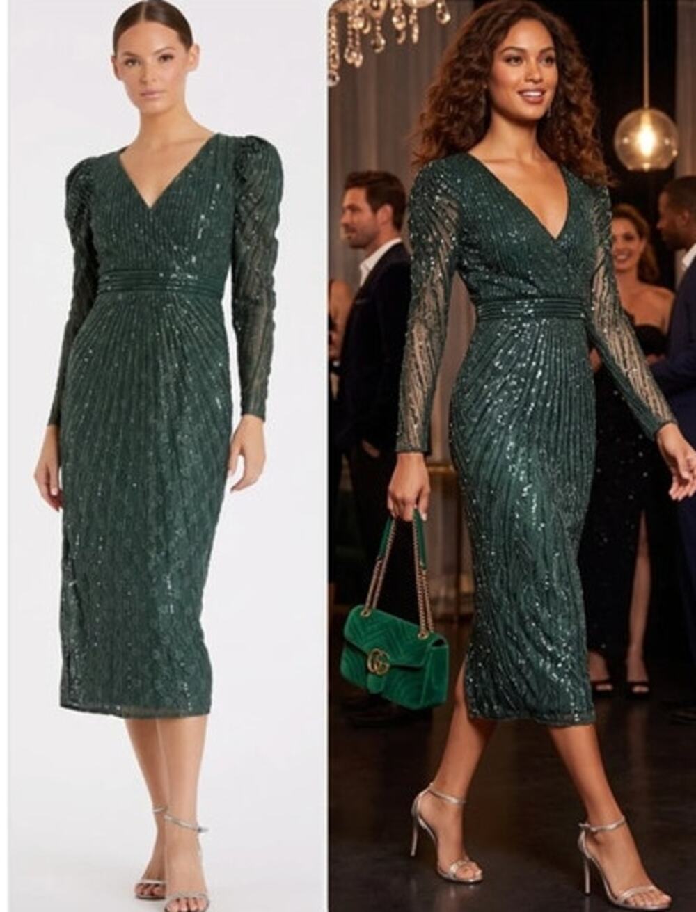 Mac Duggal 93676 Dress Embellished Beaded Midi Long Sleeve Green NWT 2